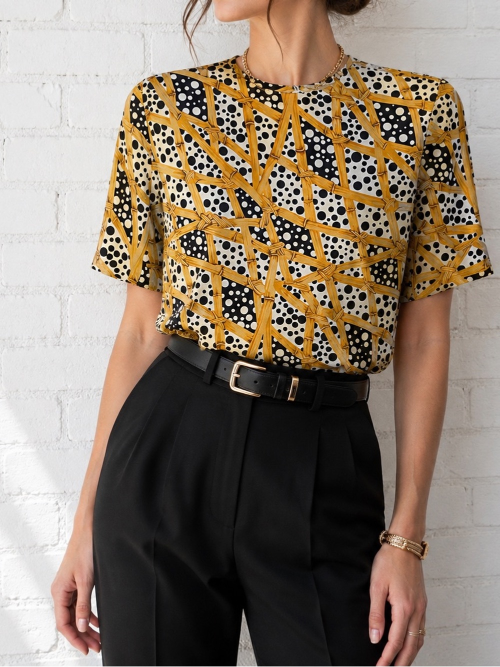 Vintage 80s Carlisle 100% Silk Blouse Size 2 Polka Dot Bamboo Geometric